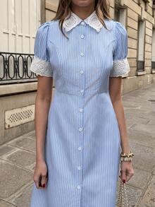 Pariaura 女士撞色蕾丝条纹翻领短袖单排扣衬衫裙 - 藍白色 - 查看 3