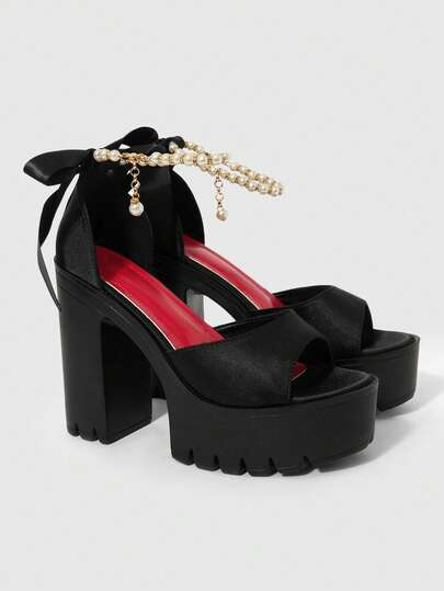 ROMWE Women's Fashionable And Sexy Black And Red Color-Blocked Open-Toe High-Heeled Sandals, Featuring A Punk/Gothic Style With A Peep-Toe Design, Pearl Chain, Lace, And Bowknot Ankle Strap, Thick Platform, And Chunky Heel. Perfect For Spring And Summer, Nightclubs, Parties, And Festivals. Slip-On Style Women's Shoes.