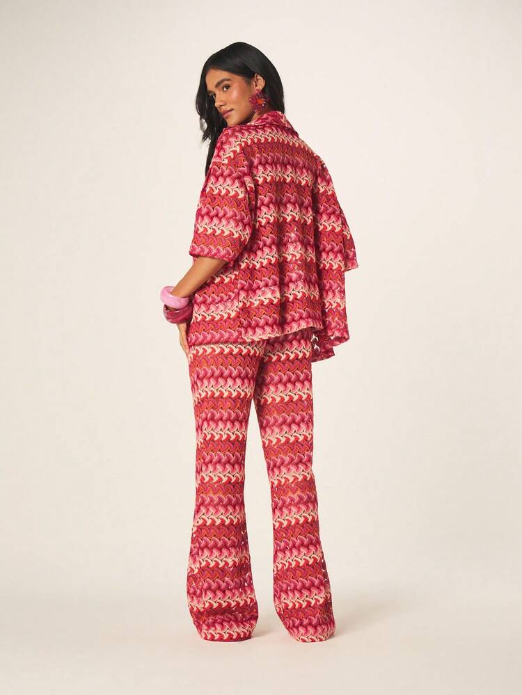 MISSGUIDED Crochet Pattern Coordinated Two-Piece Set Long Sleeve Shirt High Waisted Flared Wide Leg Palazzo Pants