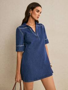 Poéselle Women's Casual Loose Denim Shirt Dress With Turndown Collar, Short Sleeve - Dark Wash - View 8