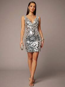 Silquee Women's Square Neck Sexy Glamorous Sequin Backless Elegant Dress - Silver - View 3