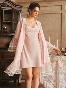 French Elegant Soft Pink Lace Trim Loose Ruffled Hem Robe And Sexy Draped Neck Camisole Women Sleepwear Set - Pink - View 7