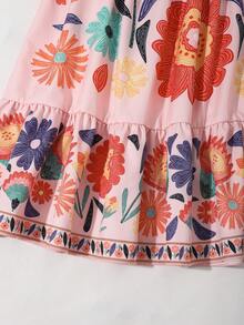 Tween Girls Colorful Floral Print V-Neck Dress - Pink - View 4