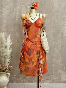 INAWLY Women's Floral Print Spaghetti Strap Mid-Length Dress - Orange - View 1
