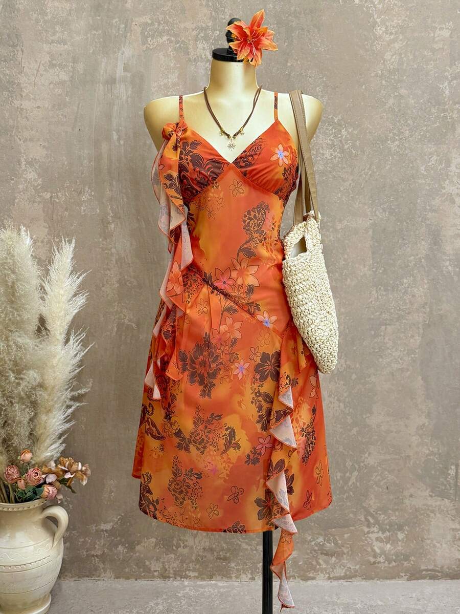 INAWLY Women's Floral Print Spaghetti Strap Mid-Length Dress - Orange - View 1