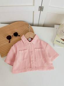 SHEIN LMoss Kids 女婴可爱白色短袖衬衫，夏季百搭 - 粉色 - 查看 7