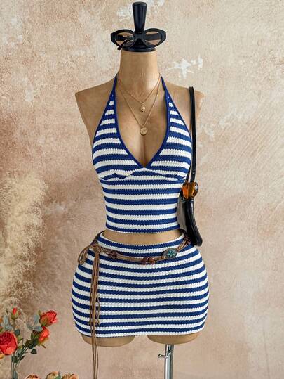 Soleia Women's 2-Piece Vacation Set: Halter Neck Floral Print Top & Matching Skirt, Suitable For Beach & Seaside