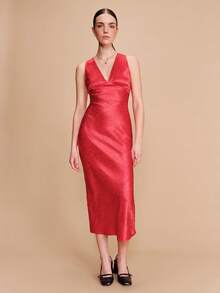 lacRébo Red Satin Jacquard Fitted Midi Dress With Plunge V Neckline Sleeveless,Elegant Silhouette French Style,Red Checkered,Summer,Elegant,Party - Red - View 3