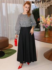 Gretanique 秋冬季优雅暖棕色百褶A字裙，修身剪裁，腰带点缀，独特设计感女裙 - 黑色 - 查看 5