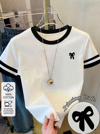 Resyla 女士100%纯棉蝴蝶结印花图案休闲撞色黑白条纹圆领T恤