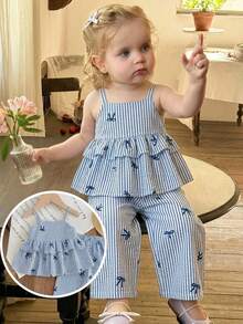 LMoss Kids Baby Girl Cute Summer Bowknot Blue & White Striped Camisole Top And Elastic Waist Pants 2pcs Set - Blue and White - View 3