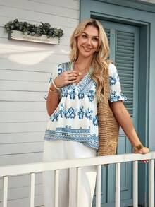 Louniche 女士休闲度假印花V领花瓣袖衬衫 - 彩色 - 查看 5