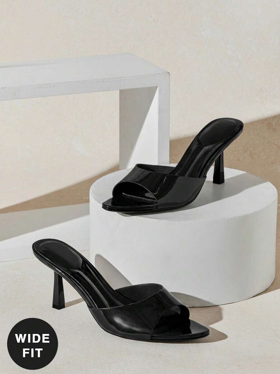 SHUZIA 女士宽楦时尚舒适性感尖头漆皮PU细高跟凉鞋 - 黑色 - 查看 1