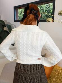 Gretanique 女士时尚宽松针织图案纽扣半开襟长袖毛衣，秋冬款 - 白色 - 查看 2