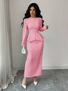 Rafferiza Conjunto de 2 piezas de blusa elegante con botones de perla + falda con dobladillo dividido para mujer - Rosa - Ver 7