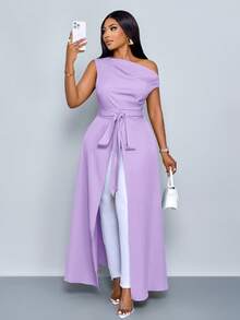 SOLERSUN Women's Plus Size Asymmetrical Neck Blouse Split Thigh Tie Front One Shoulder Shirts - Purple - View 3