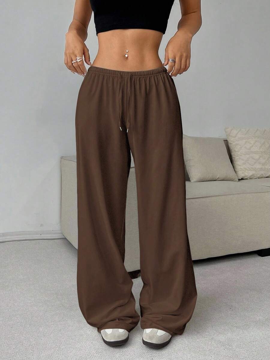 SHEIN EZwear 大码休闲棕色抽绳腰阔腿运动裤 - 棕色 - 查看 1