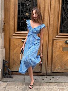 Pariaura Women's Floral Print Ruffle Hem Vacation Dress - Blue and White - View 4