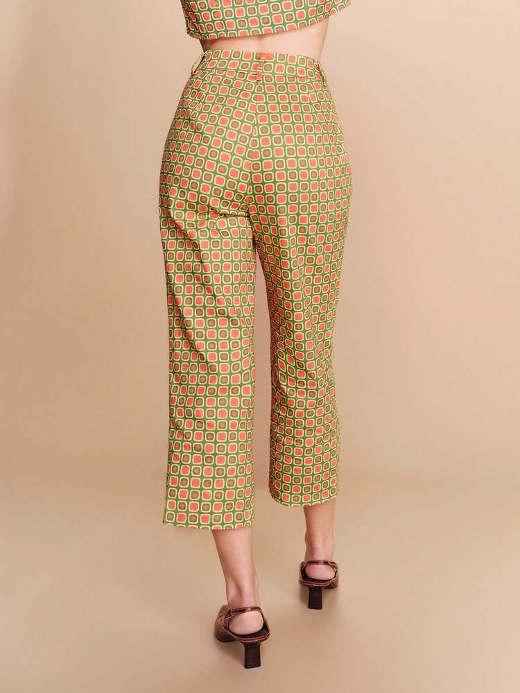 Olive Geometric Patterned Set With Crop Shirt And High-Waisted Pants Vintage Spring Summer Style French Style Parisian Style Business Casual Two Piece Set Two Piece Trousers Set