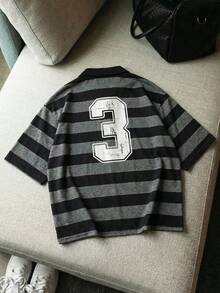 AXEPEAK Men's Casual Loose Striped Polo Collar Short Sleeve T-Shirt, Screen Print, Summer - Black - View 1