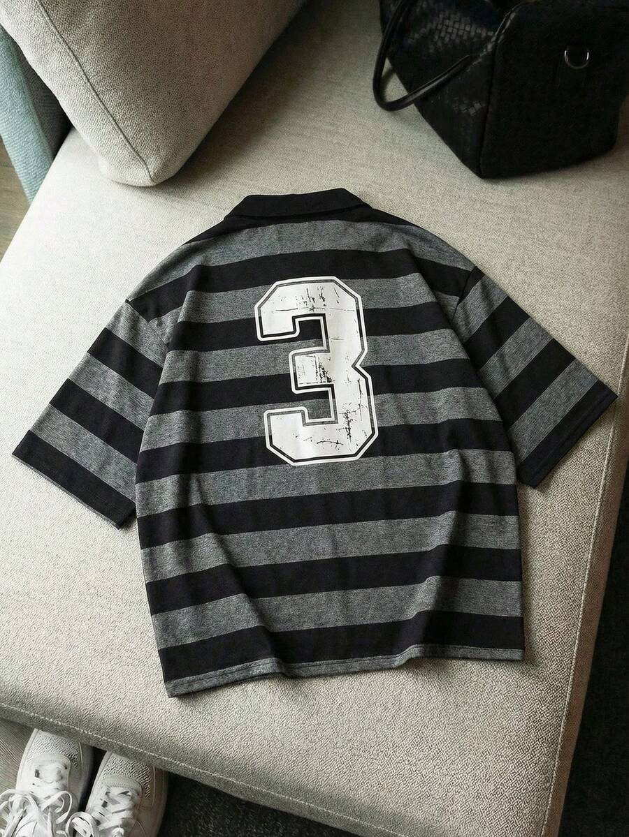 AXEPEAK Men's Casual Loose Striped Polo Collar Short Sleeve T-Shirt, Screen Print, Summer - Black - View 1