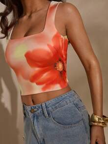 SHEIN Glamour Beige Summer Chic Night Out Flower Printing Square Neck Sleeveless Top,Women Birthday Party Must Have,Streetwear Casual Knit Spring Top - Multicolor - View 3