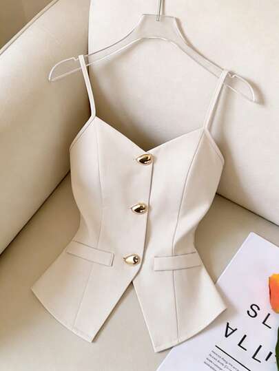 Elenzga Áo hai dây cổ chữ V, dây mảnh, có cúc trang trí, kiểu dáng thường ngày dành cho nữ.