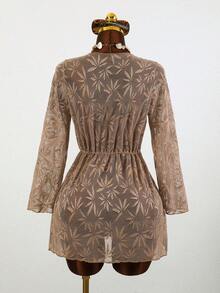 Swim Vcay Women's New Lace Cover-Up With Waist Cinching, Suitable For Beach Vacation, Spring/Summer - Brown - View 6