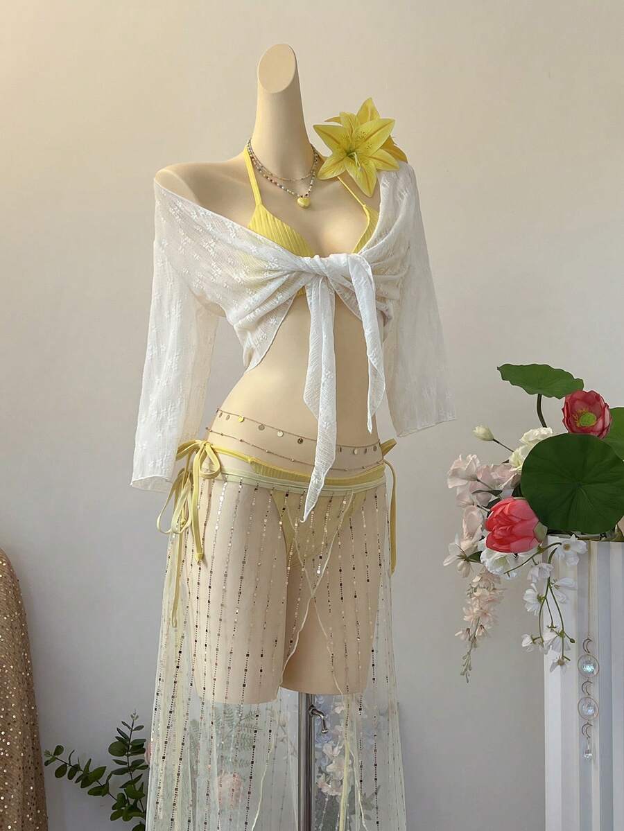 SuriyaCove Women's Spring/Summer Beach Vacation Textured Fabric Front Twist Cropped Top - Beige - View 1