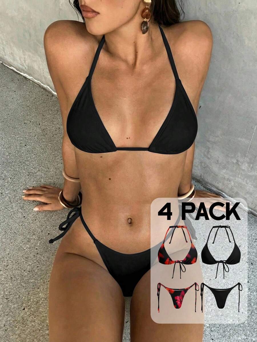 Aloruh Women's Spring/Summer New Vintage Romantic Floral Print Spaghetti Strap Triangle Cup With Side Tiewear Bottom 4pcs Set, Women's Bikiniwear, Women's Beachwear, Women's Vacation Outfit, Holiday ,Swim - Multicolor - View 1