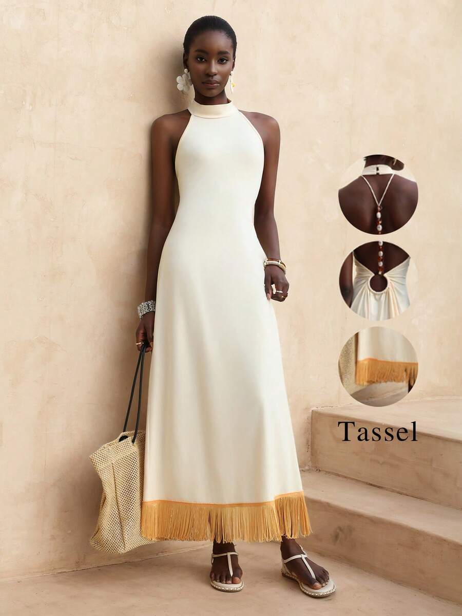 Vesra New Arrival Halter Backless Sleeveless Dress - Apricot - View 1