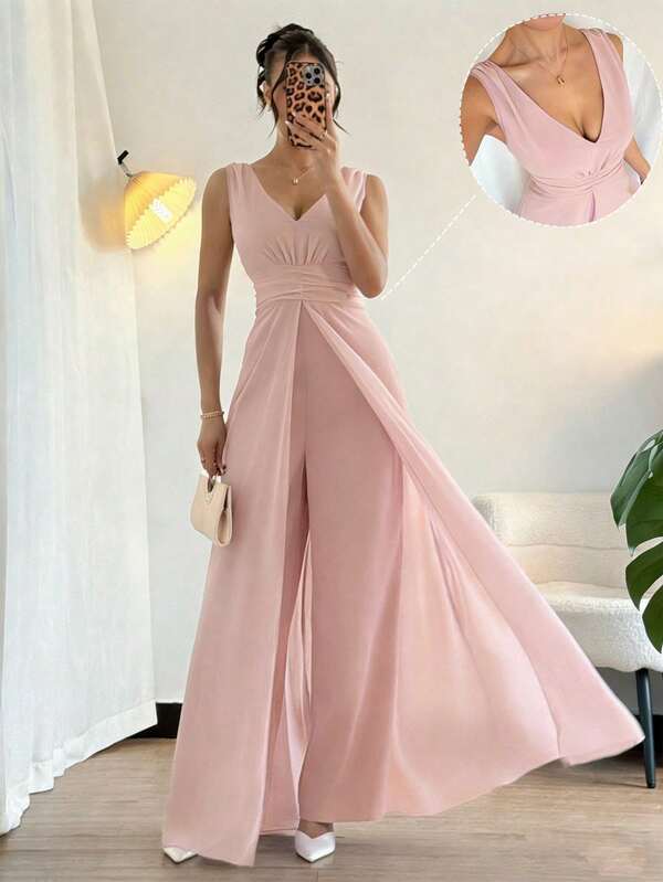 Rafferiza Eleganter V-Ausschnitt Plissee Taille Perle Chiffon Weites Bein Jumpsuit, geeignet als Hochzeitsgast Outfit, Lila