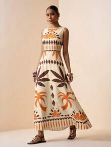 Zivah 2026春夏新款音乐节、复活节、圣帕特里克节、西部风、游牧风、生日派对、毕业典礼、校园风、学生装、日常休闲、度假、邮轮旅行、海滩、日光浴、爆款、街头风女装热带雨林组合图案印花无袖A字长裙女装连衣裙Zanzea女装Solicia Wow连衣裙 - 杏色 - 查看 5