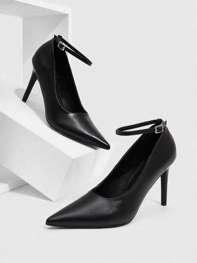 CUCCOO SZL 女鞋 新款简约时尚高跟鞋 布面鞋跟 细高跟尖头 低鞋面 弹力橡皮筋搭扣踝带 性感百搭 通勤 节日 春秋 四季 职场 经典 节日 约会 街头时尚 优雅女鞋