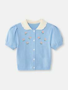 lacRébo Áo khoác cardigan ngắn tay ôm sát màu xanh dương thêu họa tiết, cổ áo viền ren trắng, kiểu dáng dễ thương mùa xuân hè, phong cách Pháp, Paris. - Màu xanh lam - Xem 8