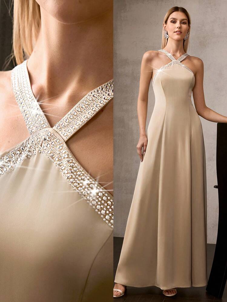 MOTF Soiréza RHINESTONE CROSS WRAP HALTER NECK PROM DRESS