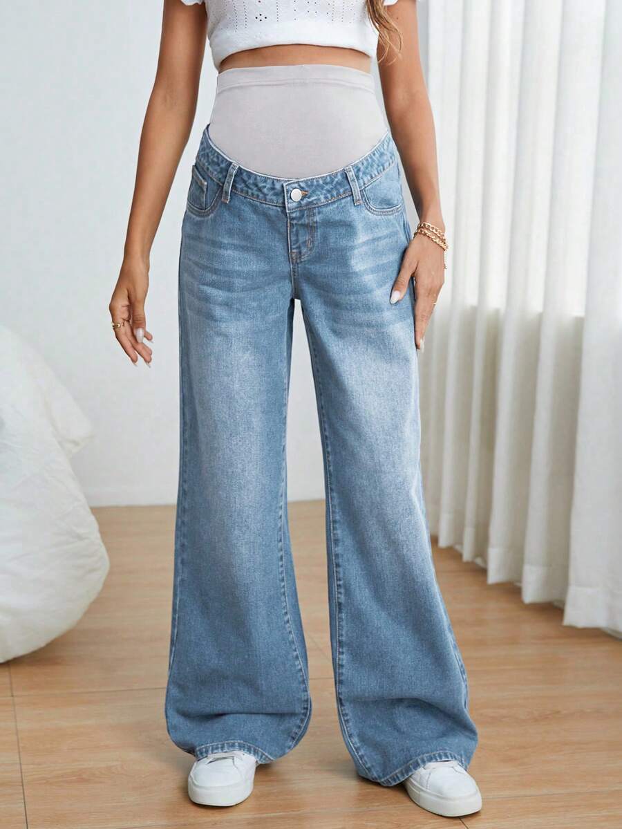 SHEIN Quần jean bầu dáng rộng, cạp điều chỉnh được, thích hợp mặc thường ngày. - Rửa nhẹ - Xem 1