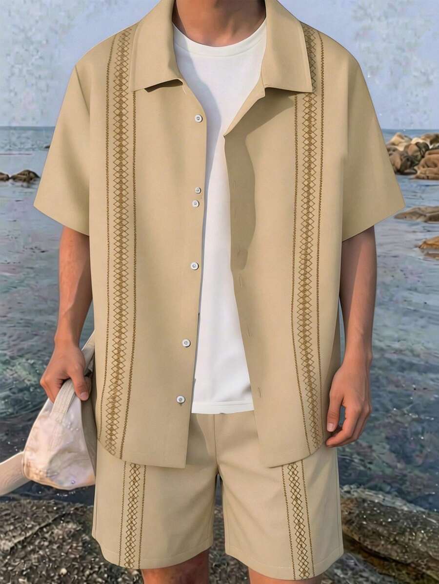 Set de 2 piezas de ropa casual de moda para niños adolescentes, para primavera/verano, incluye camisa estampada y pantalones, uso diario y para ocasiones sociales de jóvenes europeos y americanos - Albaricoque - Ver 1