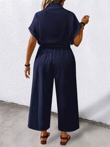 SHEIN LUNE CURVE Bộ áo liền quần nữ cỡ lớn, màu trơn, tay ngắn, cổ bẻ, thắt lưng, có túi, kiểu dáng thường ngày. - màu đen - Xem 2