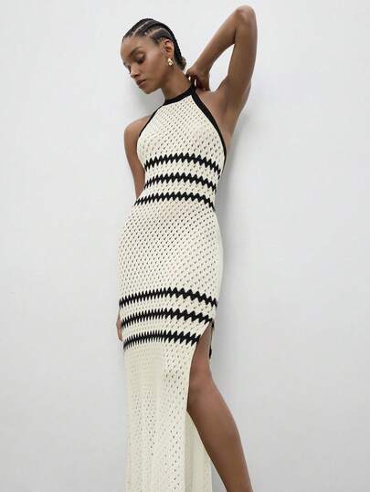 Maija Women's Summer Sexy Beach Vacation Colorblock Serrated Pattern High Slit Backless Tie-Front Knit Dress  St Patrick's Day Women Easter Summer Outfits Easter Dress Women Party Top Beach Dress Summer Holiday Outfits Each Vacation Outfits For Women  Summer Outfit For Women Going Out Outfits Graduation Graduation Outfit  Casual Dresses  Casual Blouses For Women