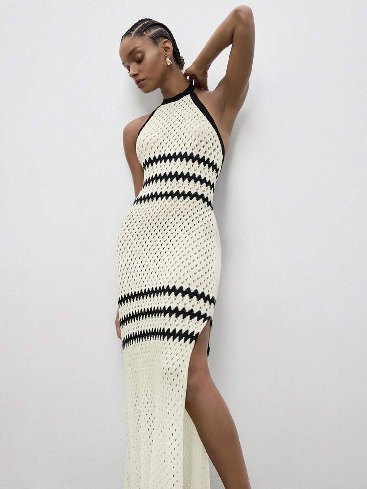 SHEIN Maija Women's Summer Sexy Beach Vacation Colorblock Serrated Pattern High Slit Backless Tie-Front Knit Dress  St Patrick's Day Women Easter Summer Outfits Easter Dress Women Party Top Beach Dress Summer Holiday Outfits Each Vacation Outfits For Women  Summer Outfit For Women Going Out Outfits Graduation Graduation Outfit  Casual Dresses  Casual Blouses For Women