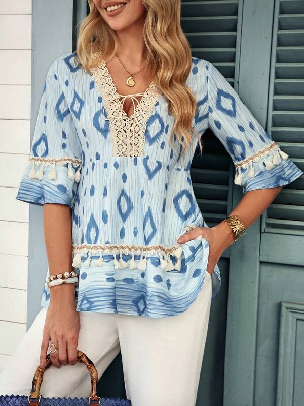 Louniche Women's Casual Vacation Print V-Neck Tassel Patchwork Blouse, Spring/Summer