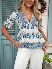 Louniche 女士休闲度假印花V领花瓣袖衬衫 - 彩色 - 查看 3