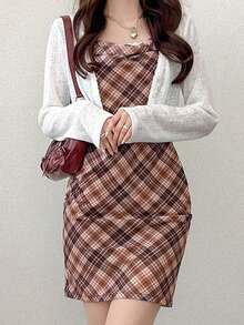 FRIFUL 女士格子无袖叠穿背心和短裤甜美两件套 - 紅色 - 查看 1