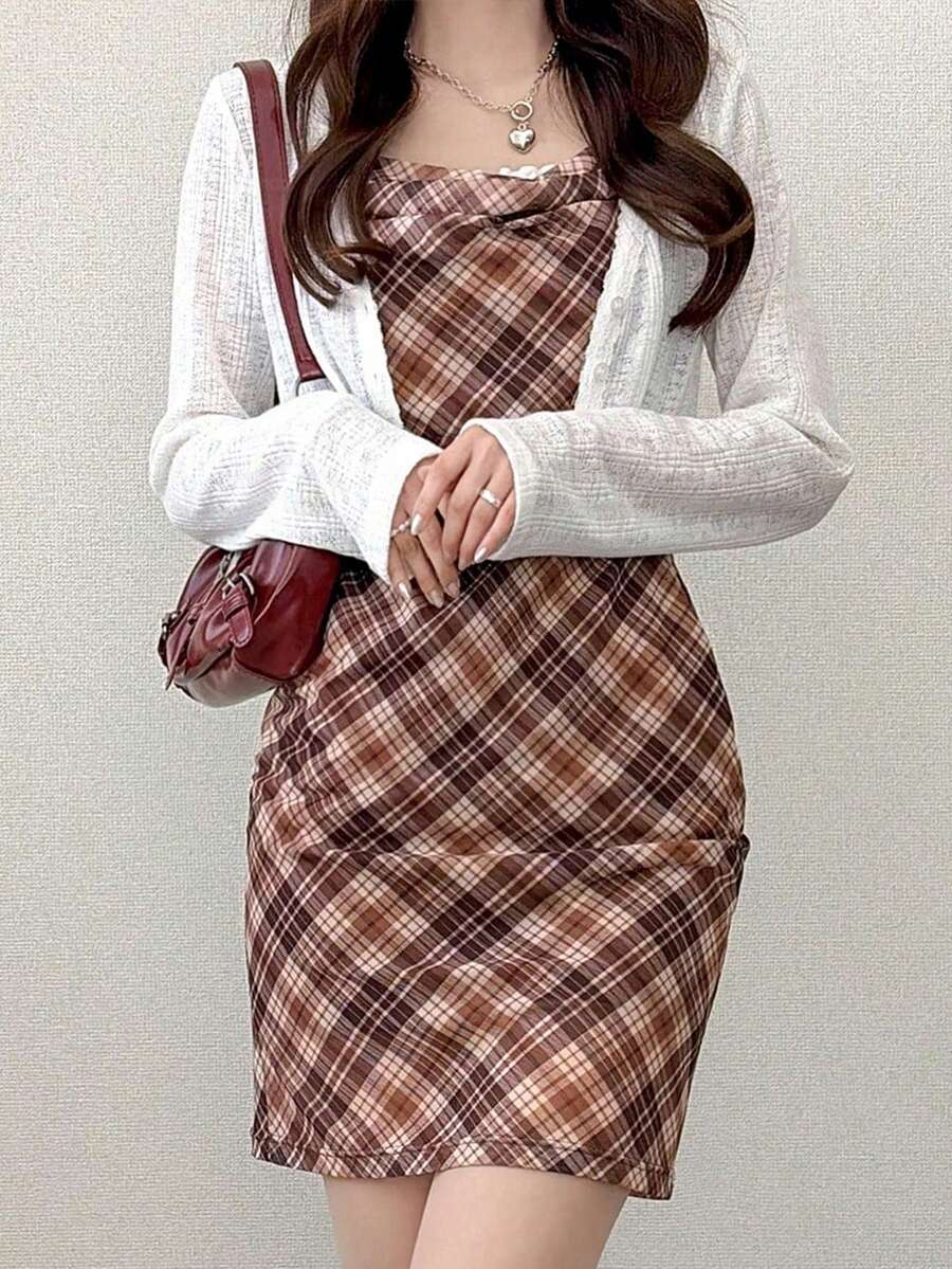 FRIFUL 女士格子无袖叠穿背心和短裤甜美两件套 - 紅色 - 查看 1