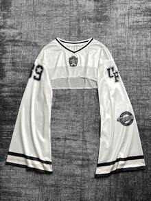 Glimmora 女士V领数字印花露脐时尚性感长袖上衣 - 米色 - 查看 3