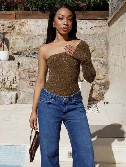 Yess Loren 纯色无缝不对称单肩性感紧身衣，带水钻装饰，适合夏季、音乐会、节日、Y2K 风格