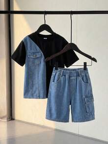SHEIN Little Byeori 青少年男童休闲时尚牛仔拼接T恤搭配牛仔短裤，适合春夏日常穿着 - 黑色 - 查看 7