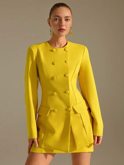 CLARA VERO Women's Round Neck Long Sleeve Waist Cinched Front Button Blazer & Skirt Suit Set