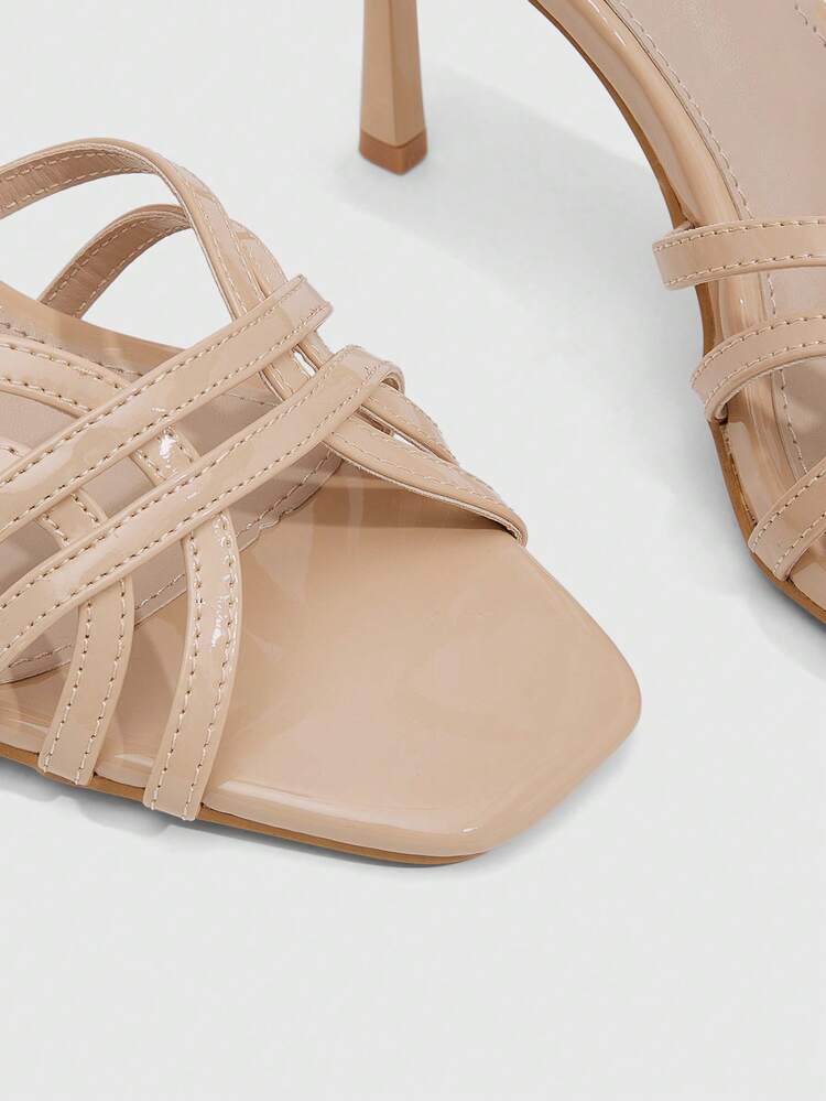 CUCCOO SZL Women's Spring/Summer New Arrival Criss-Cross Woven Strap Design Square Toe Stiletto High Heel Glossy Black Patent Leather Peep Toe Sandals, Suitable For Party, Date Night, Summer Outfit